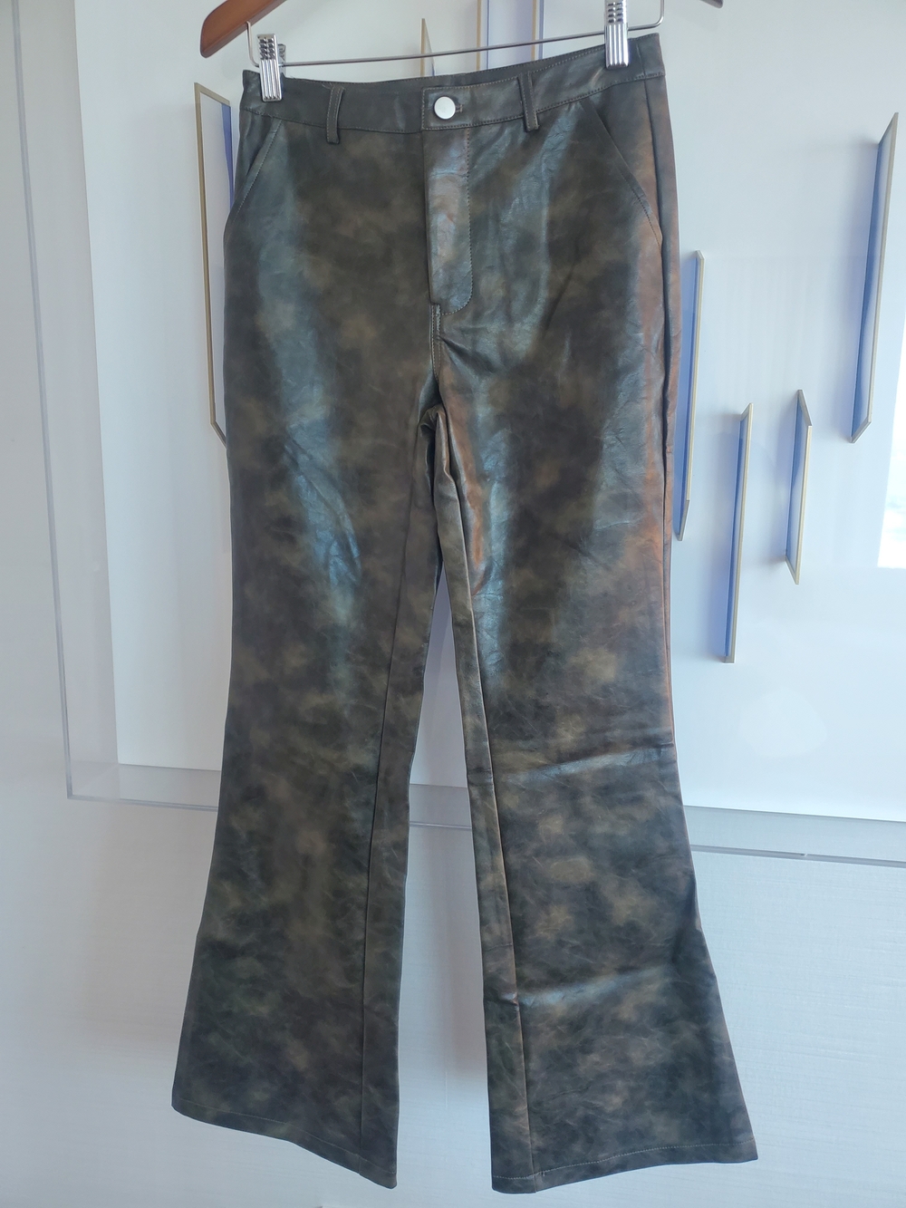 SALTY Faux Leather Flared Pants in Olive Marbled Print Womens Size S